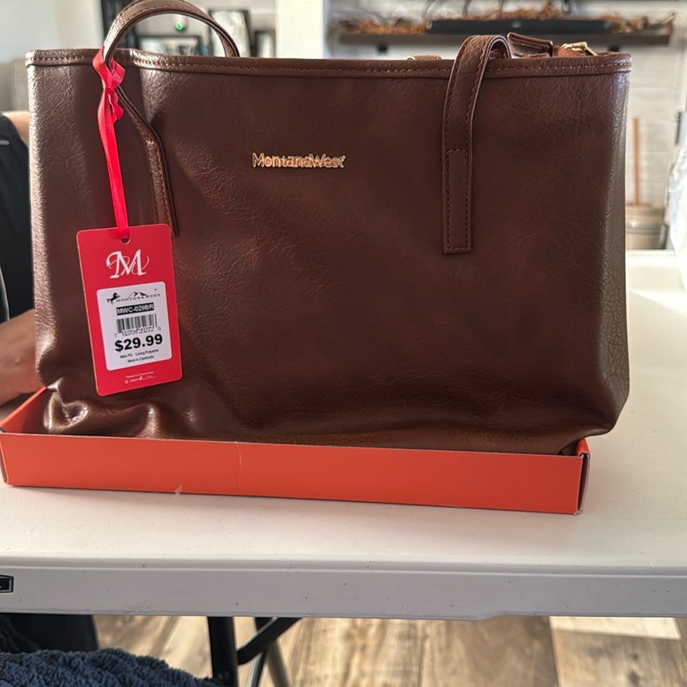 Montana West Brown Leather Tot with Zipper Pouch in  Orange Storage Box NWT